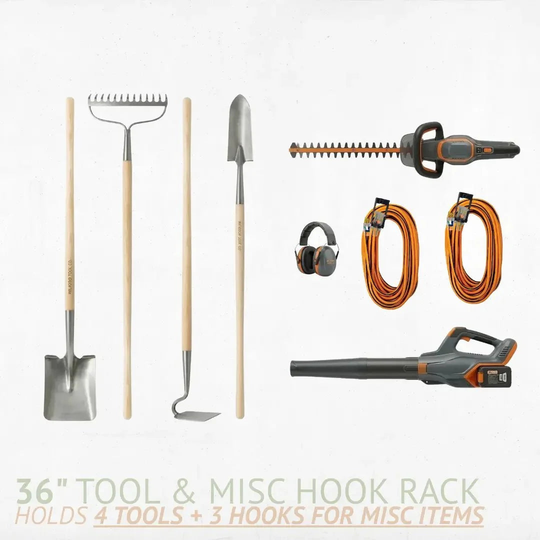 36-inch tool and hook rack holds 4 tools plus 3 hooks for other items