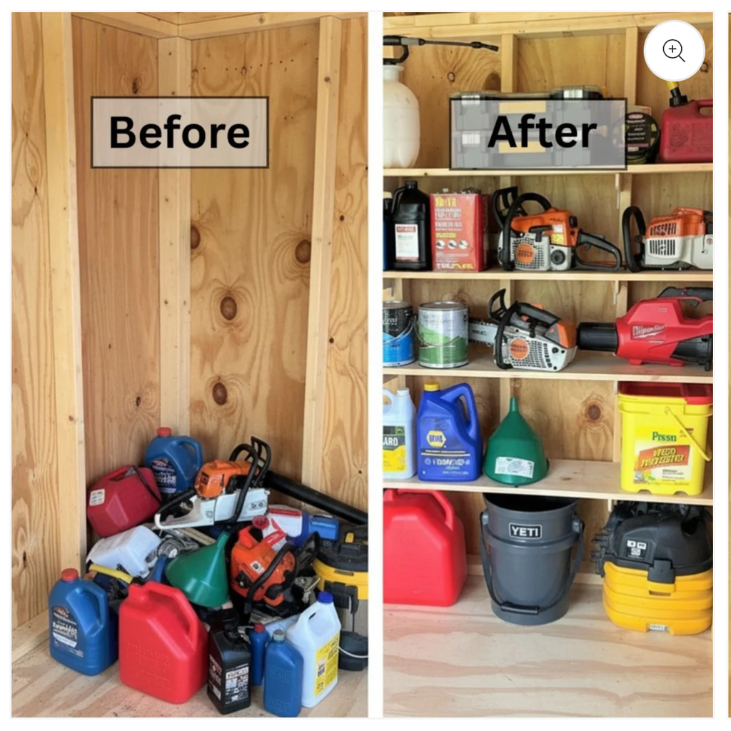 Shed corner before and after adding shelves on shed shelf brackets
