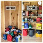 Shed corner before and after adding shelves on shed shelf brackets