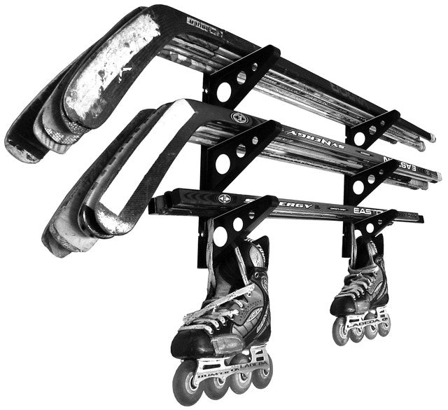 Hockey sticks and inline skates stored on the Trifecta racks
