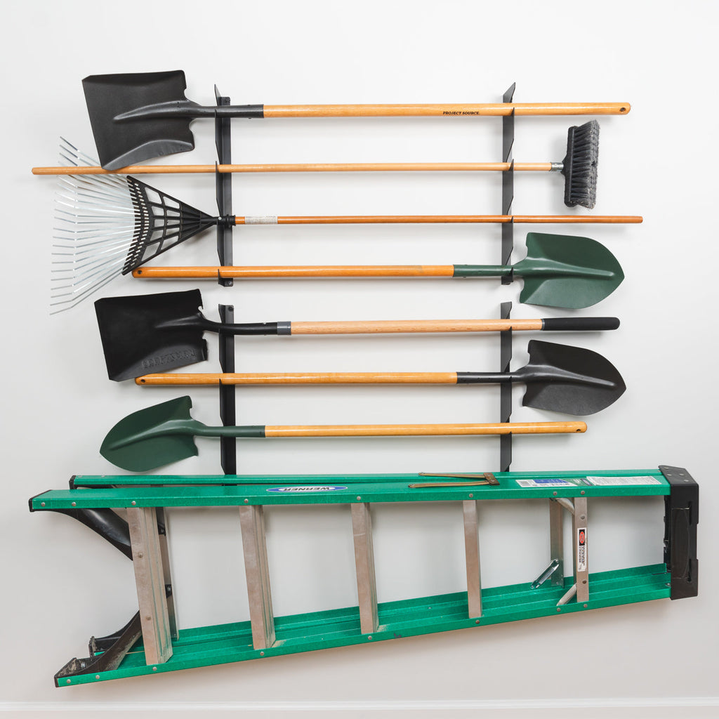 8-level wall tool organizer holding shovels, rakes, a broom and a ladder