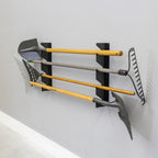 4-level shed tool organizer holding a rake, shovel and other long-handled tools