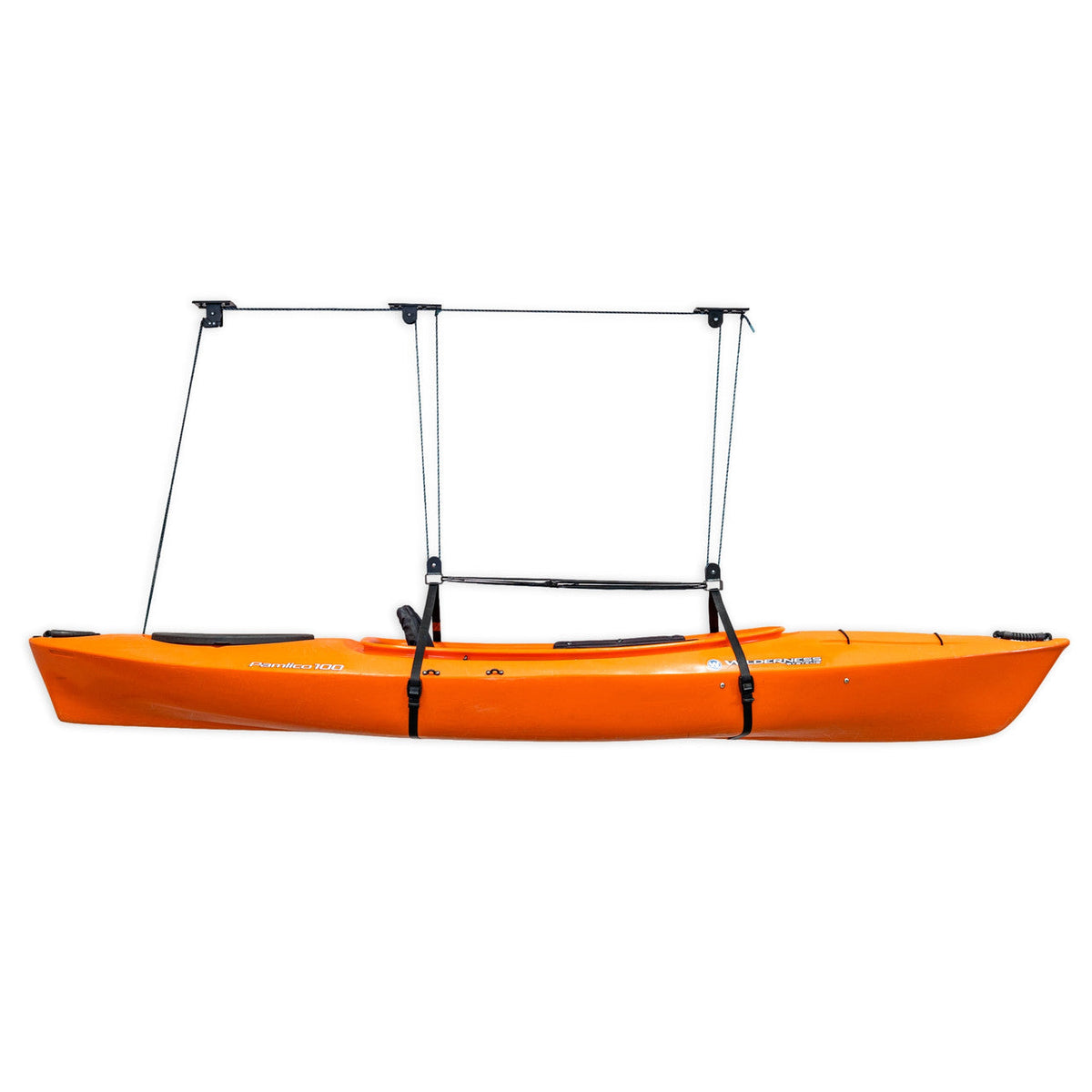 Orange kayak suspended from the three-pulley ceiling hoist