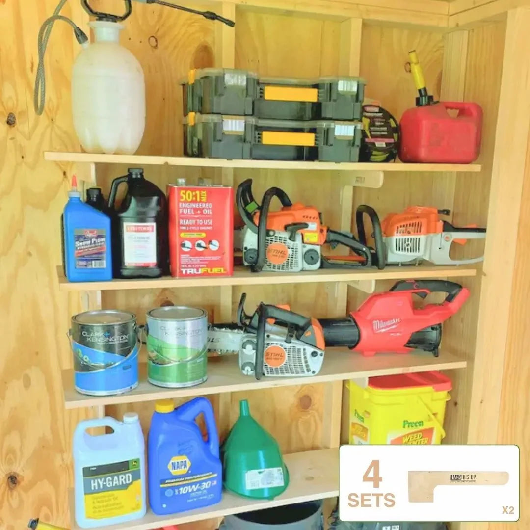 Shed shelves holding oil, paint, gas cans and tool cases; 4 shelf sets included