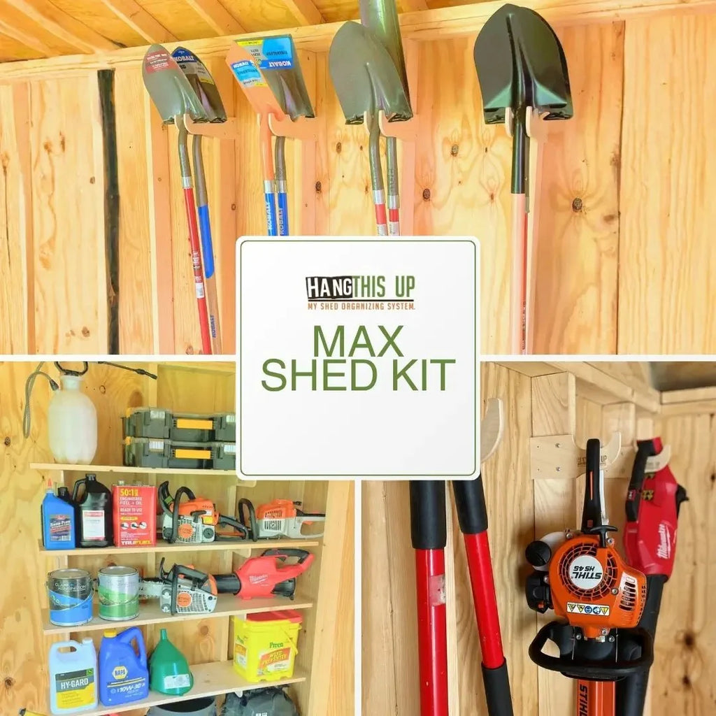 Collage of the MAX shed kit holding tools, shelves and a leaf blower