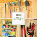 Collage of the MAX shed kit holding tools, shelves and a leaf blower