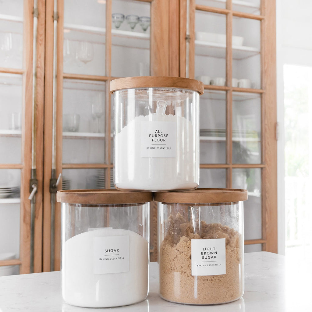 Labeled glass canisters for flour, sugar and brown sugar