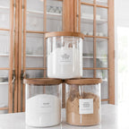 Labeled glass canisters for flour, sugar and brown sugar