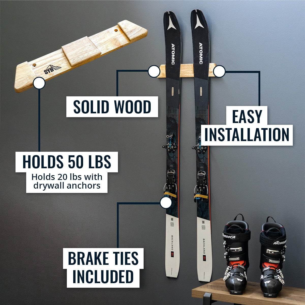 Vail rack features: solid wood, easy installation, holds 50 lb (20 lb with drywall anchors), brake ties included
