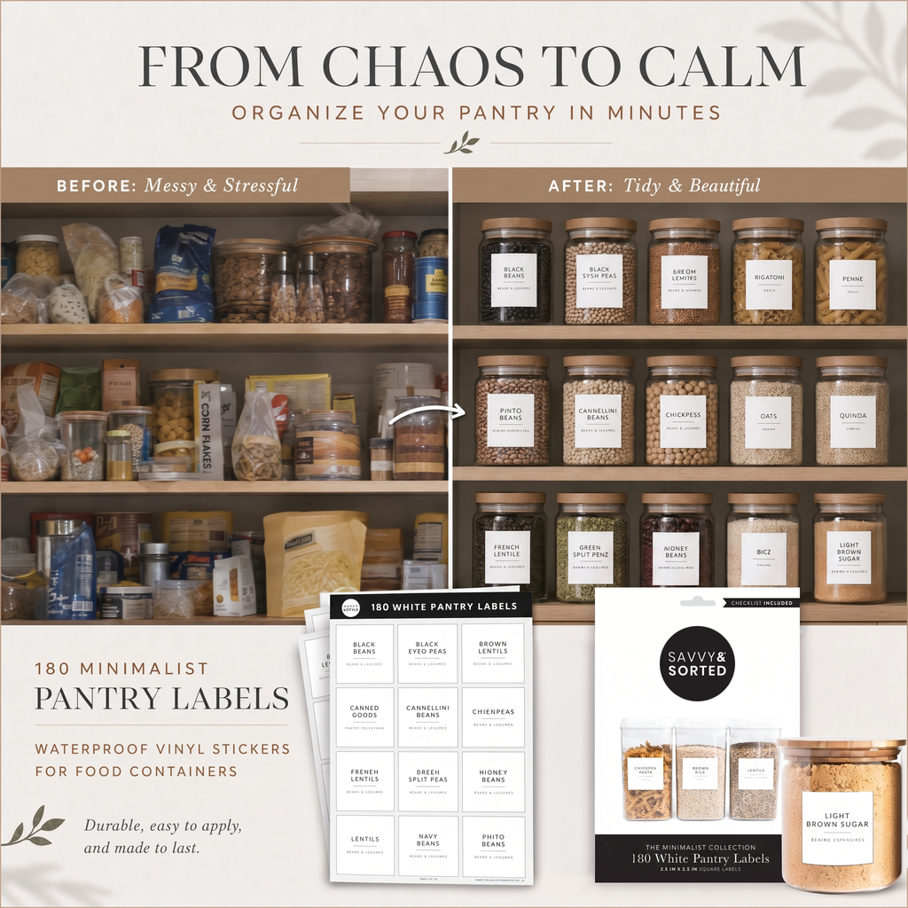 Pantry shelves before and after adding minimalist labels