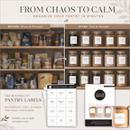 Pantry shelves before and after adding minimalist labels