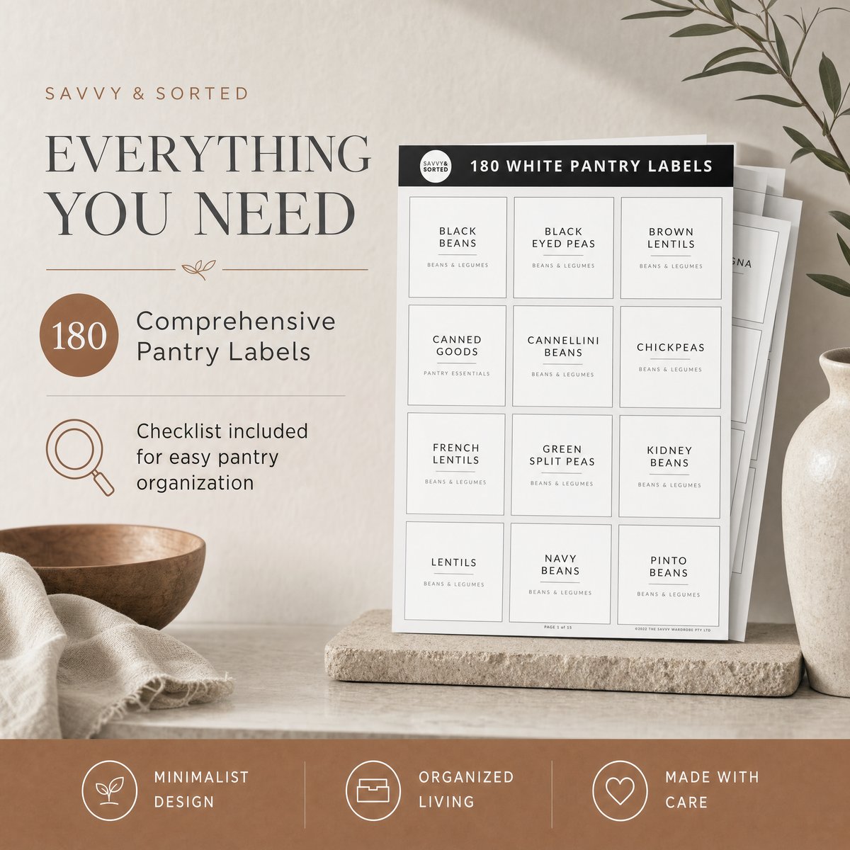 Sheet of 180 white pantry labels; checklist included
