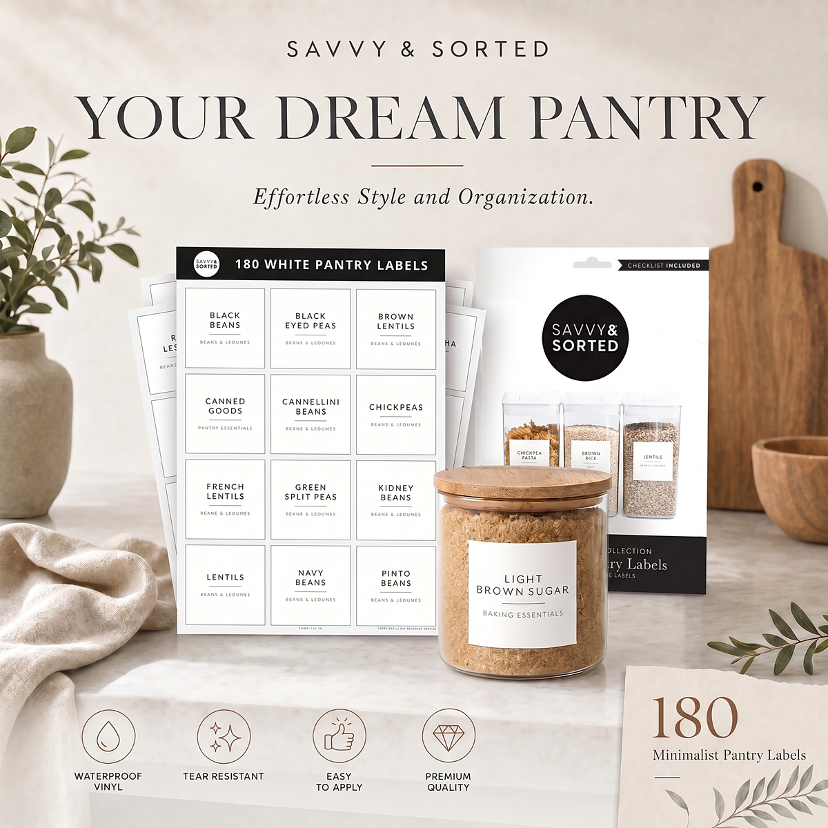 Minimalist pantry labels with a labeled brown sugar jar