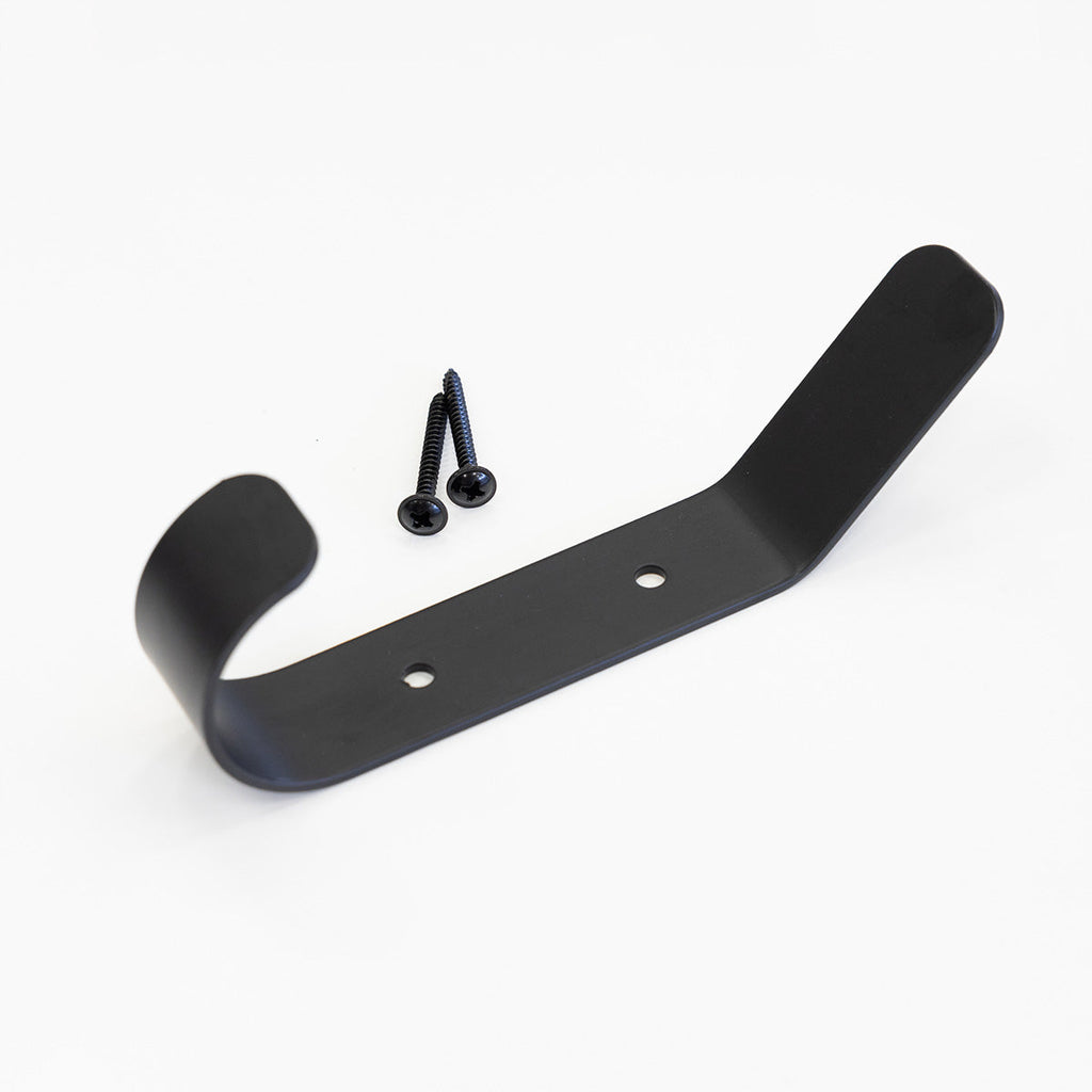 Single black Crozet hook with its mounting screws