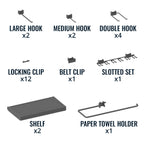 Included: 2 large, 2 medium and 4 double hooks, 12 locking clips, belt clip, slotted set, 2 shelves, paper towel holder