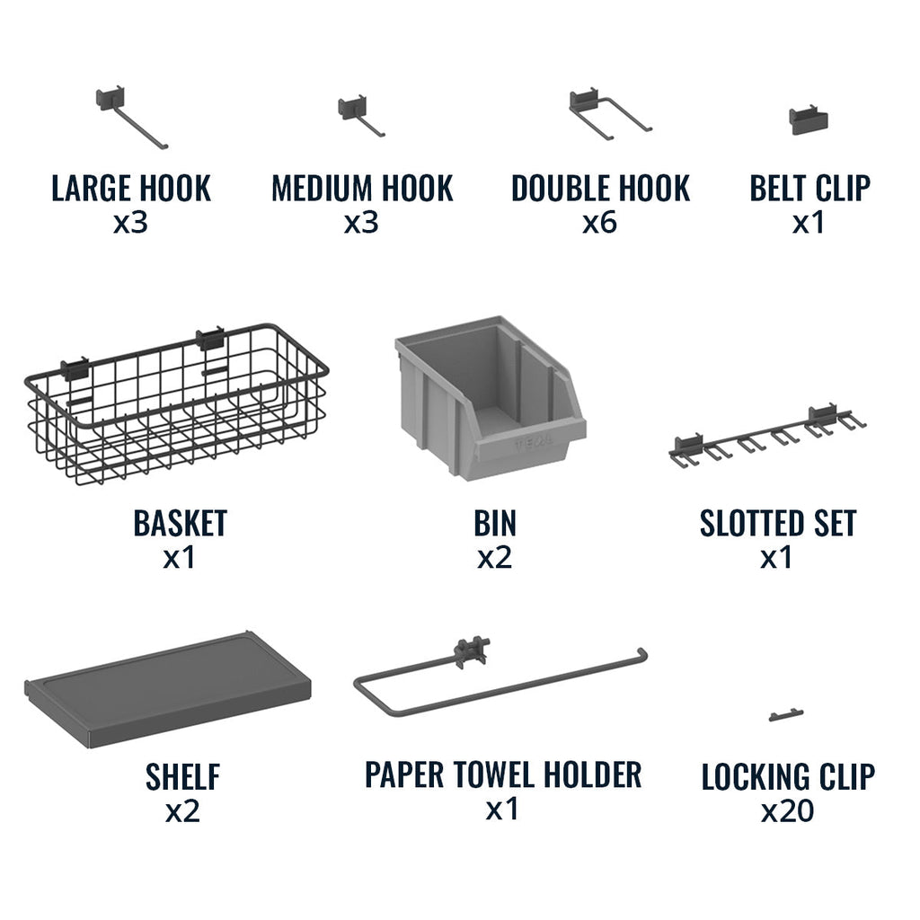 Included: 12 hooks, belt clip, basket, 2 bins, slotted set, 2 shelves, paper towel holder, 20 locking clips