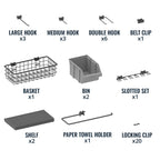 Included: 12 hooks, belt clip, basket, 2 bins, slotted set, 2 shelves, paper towel holder, 20 locking clips