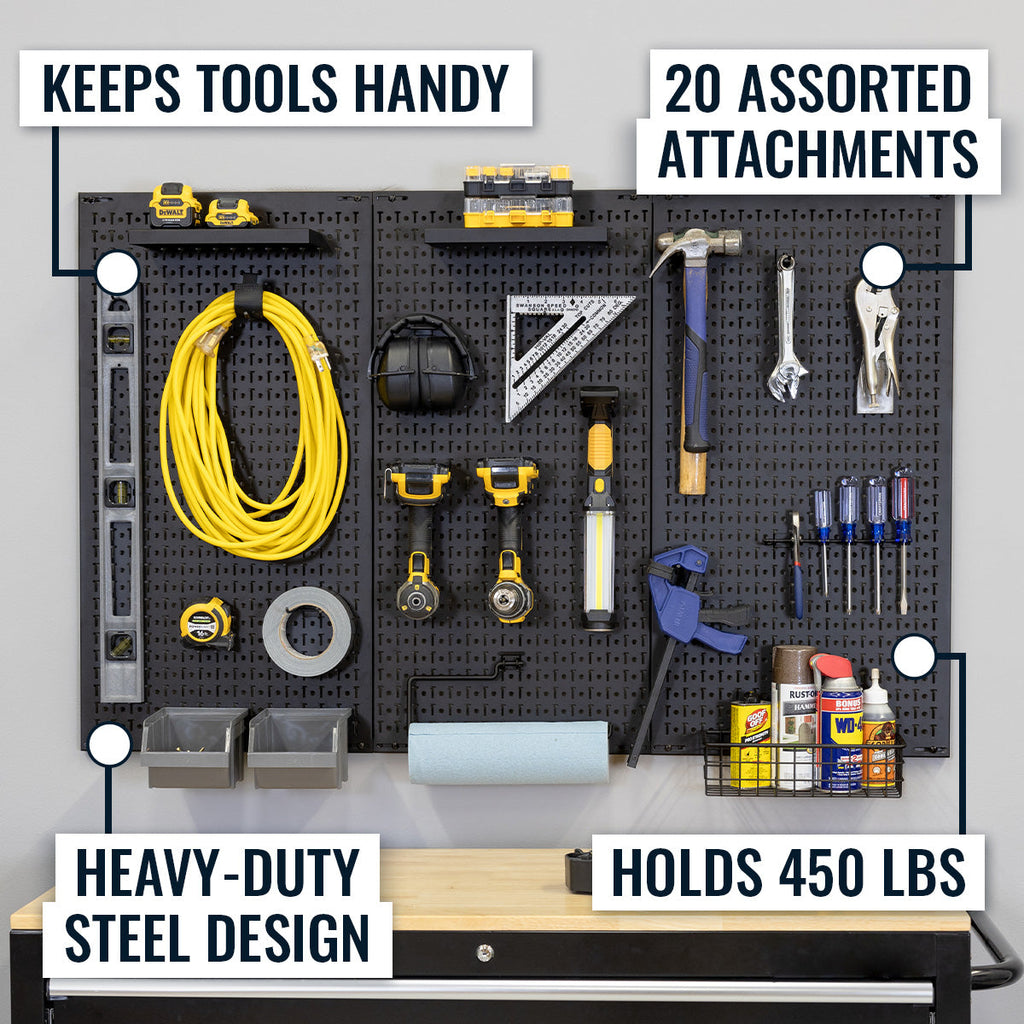 Pegboard features: keeps tools handy, 20 assorted attachments, heavy-duty steel, holds 450 lb