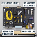 Pegboard features: keeps tools handy, 20 assorted attachments, heavy-duty steel, holds 450 lb