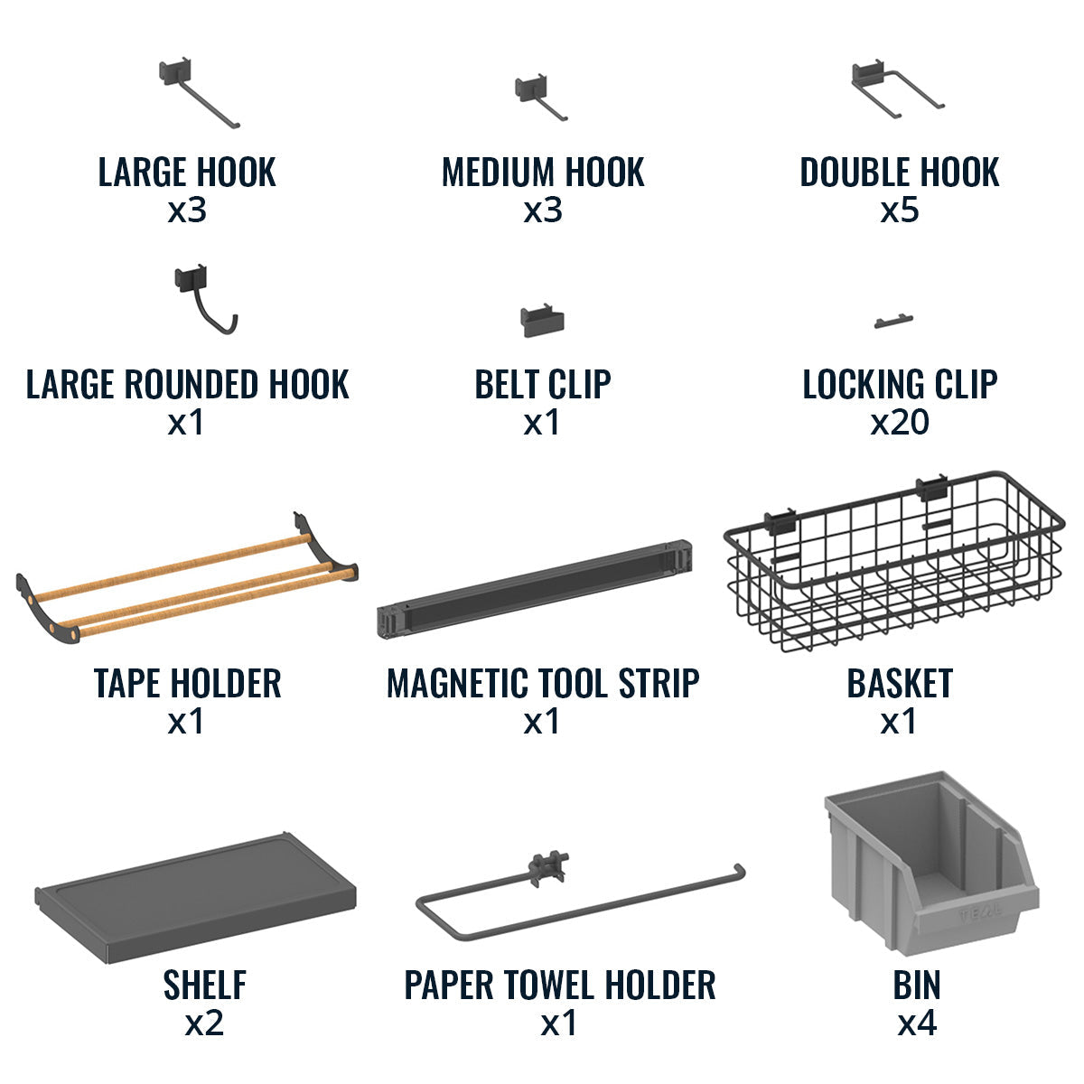 Included: hooks, belt clip, 20 locking clips, tape holder, magnetic strip, basket, 2 shelves, towel holder, 4 bins