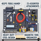 PRO pegboard features: keeps tools handy, 23 assorted attachments, heavy-duty steel, magnetic tool organizer