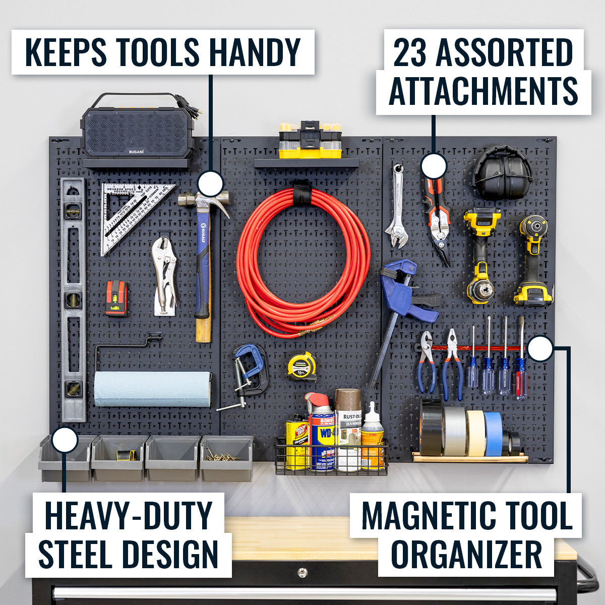 PRO pegboard features: keeps tools handy, 23 assorted attachments, heavy-duty steel, magnetic tool organizer