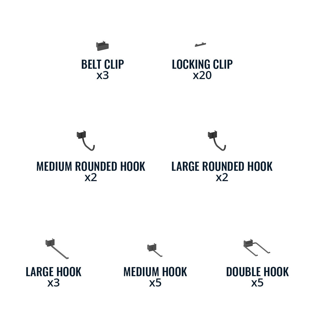 Included pegboard accessories: 3 belt clips, 20 locking clips, rounded hooks, large, medium and double hooks