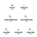 Included pegboard accessories: 3 belt clips, 20 locking clips, rounded hooks, large, medium and double hooks