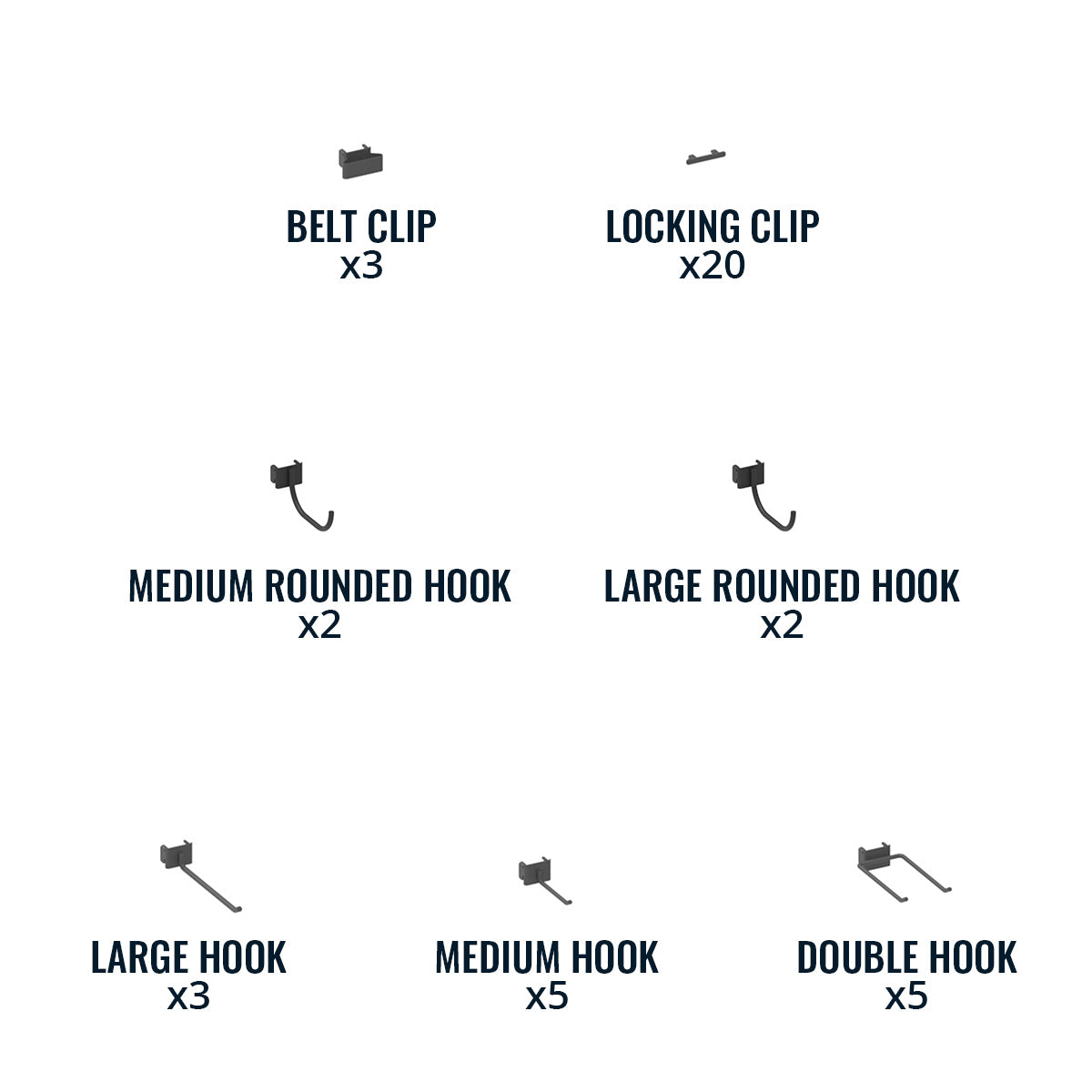Included pegboard accessories: 3 belt clips, 20 locking clips, rounded hooks, large, medium and double hooks