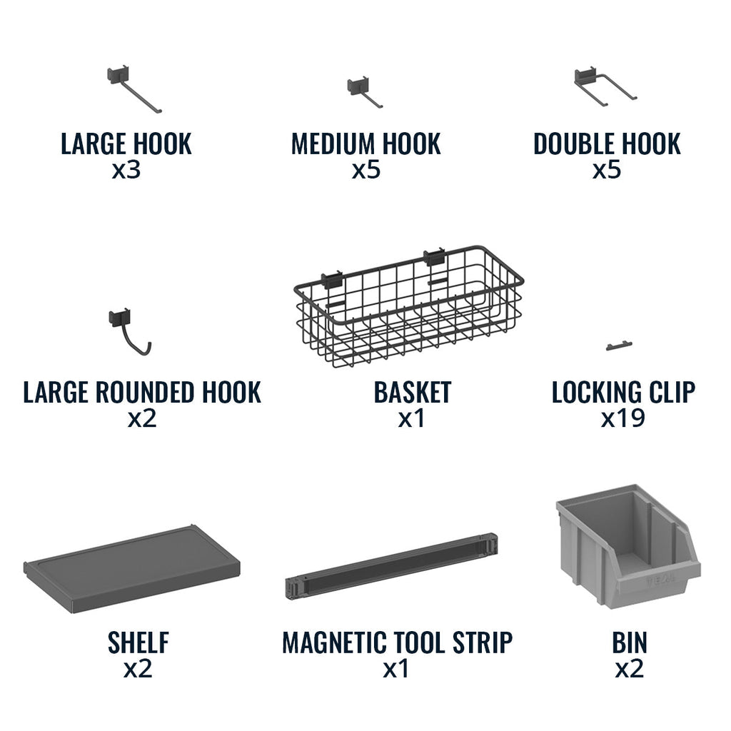 Included Pegboard Pro accessories: hooks, basket, 19 locking clips, 2 shelves, magnetic tool strip, 2 bins