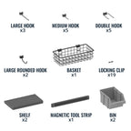 Included Pegboard Pro accessories: hooks, basket, 19 locking clips, 2 shelves, magnetic tool strip, 2 bins