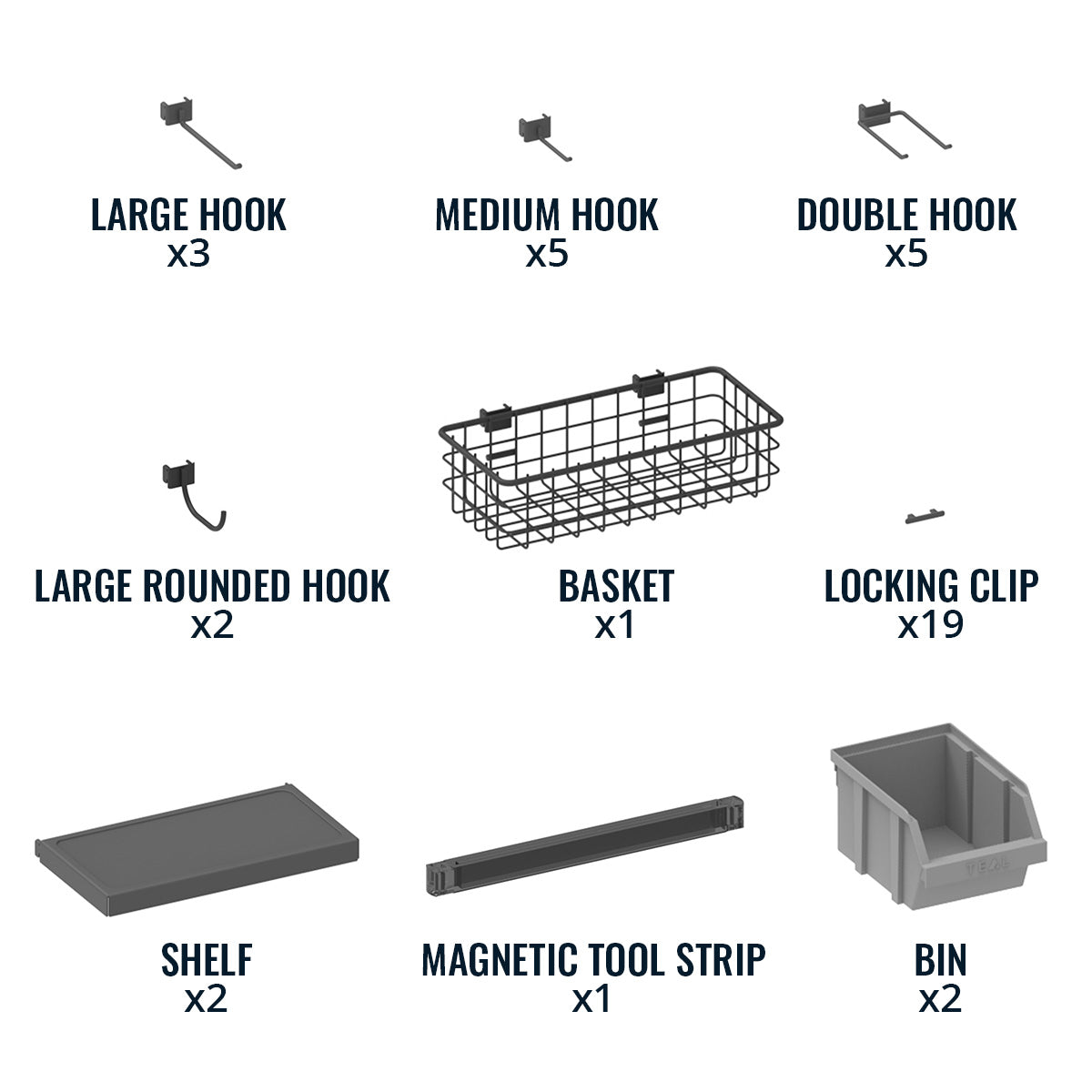 Included Pegboard Pro accessories: hooks, basket, 19 locking clips, 2 shelves, magnetic tool strip, 2 bins