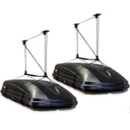 Two cargo boxes each held by a ceiling hoist