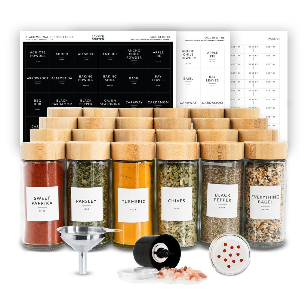 24 round glass spice jars with bamboo lids, labels, funnel, grinder and sifter lid
