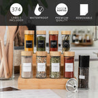 Labeled round spice jars on a wooden riser; 374 waterproof, removable labels