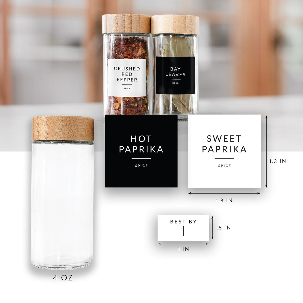Round jar and label sizes: 4 oz jar, 1.3 x 1.3 in spice labels, 1 x 0.5 in best-by label