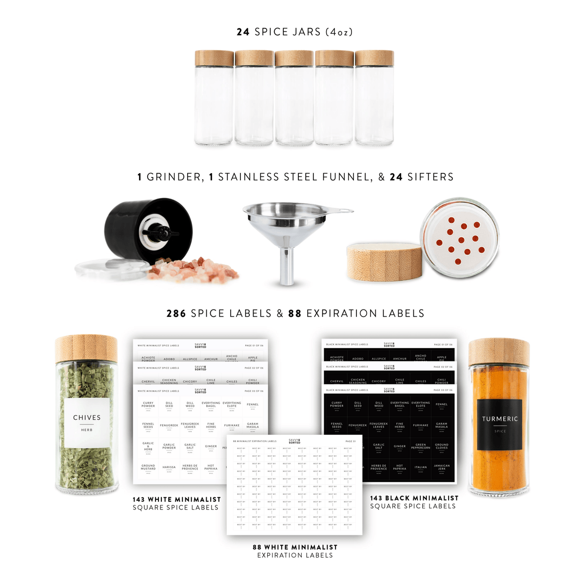 What's included: 24 round jars, grinder, funnel, 24 sifters, 286 spice labels and 88 expiration labels