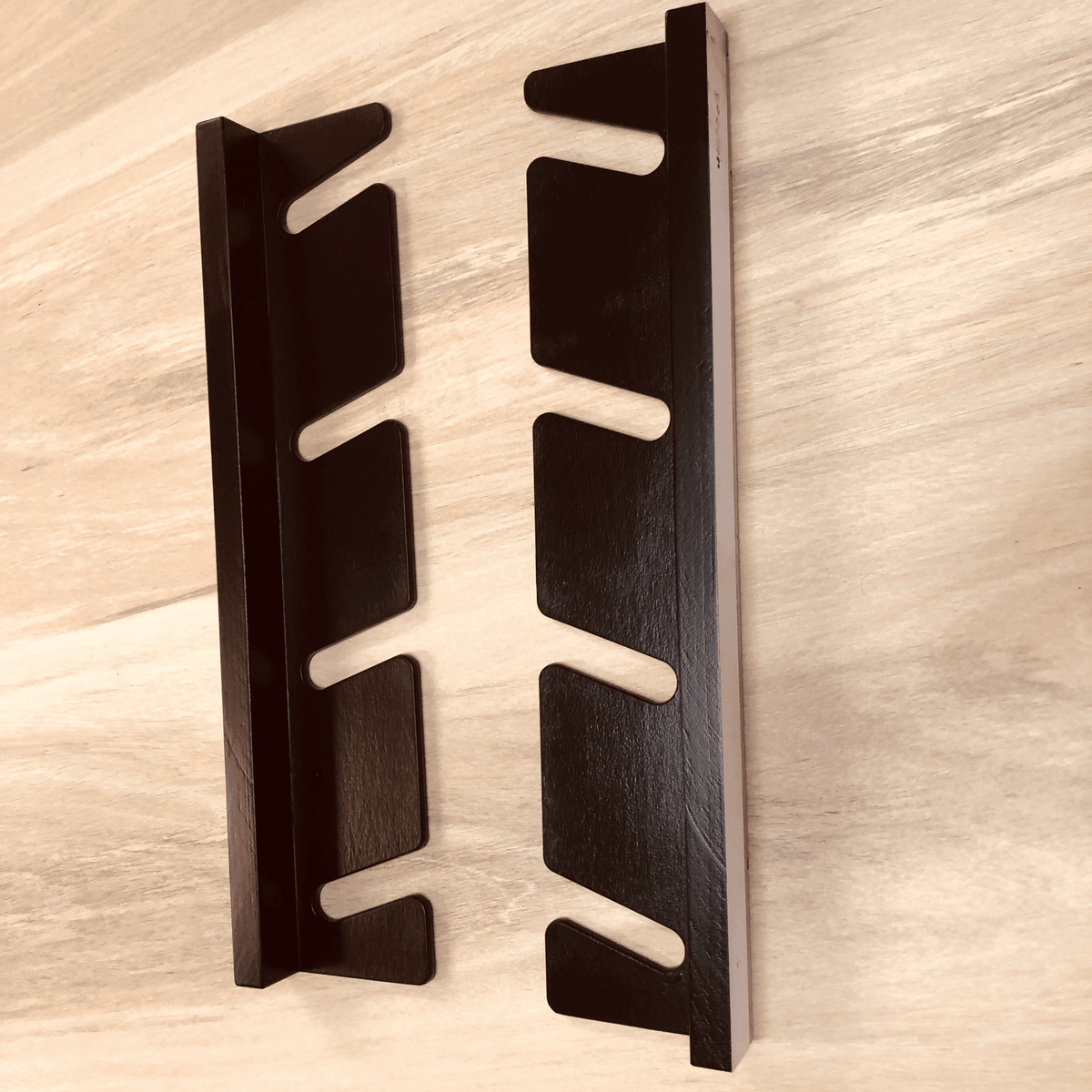 Dark wood ski rack rail pair