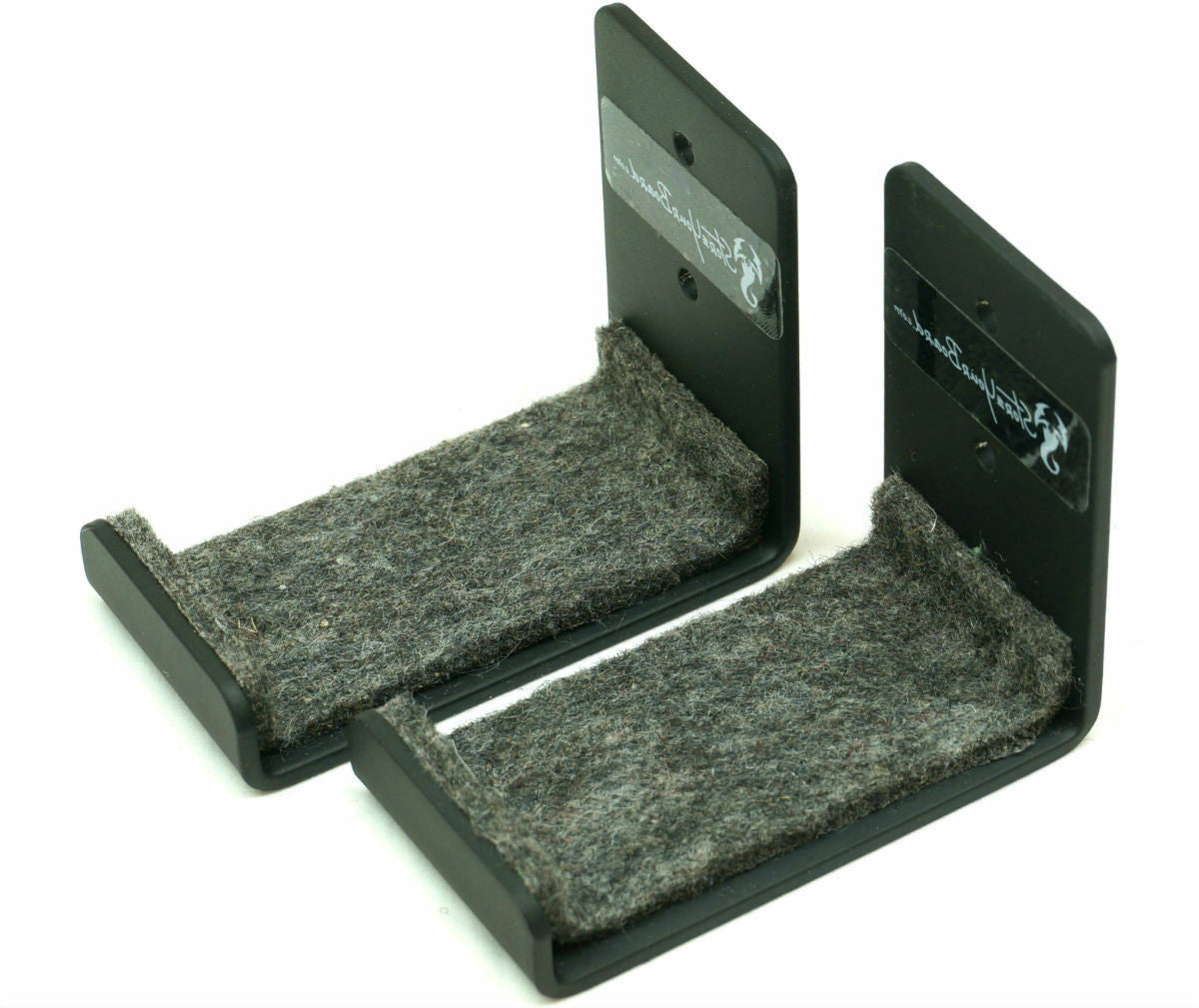 Pair of black medium minimalist wall hooks with felt-lined cradles