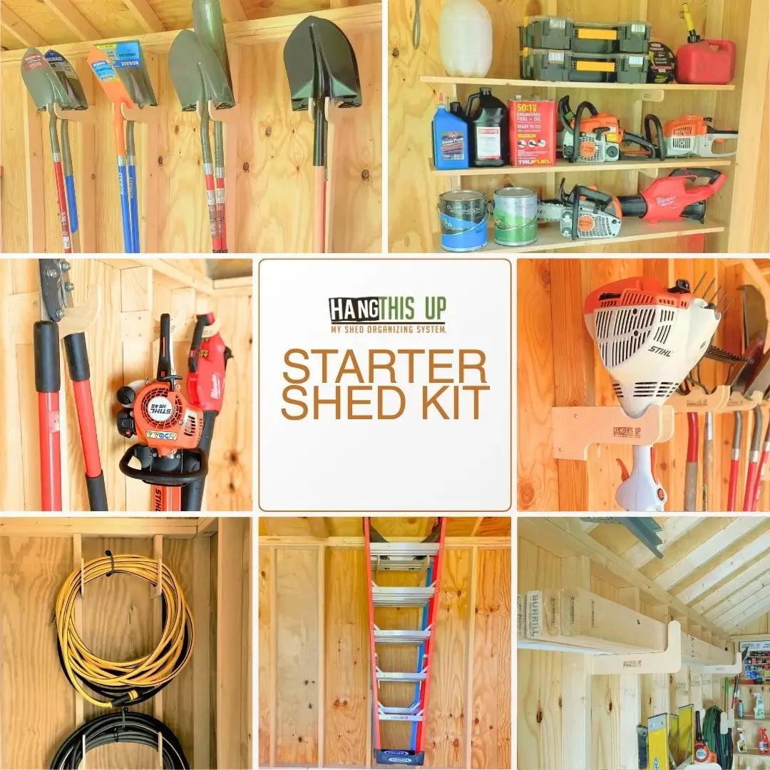 Collage of the starter shed kit holding tools, shelves and a hose
