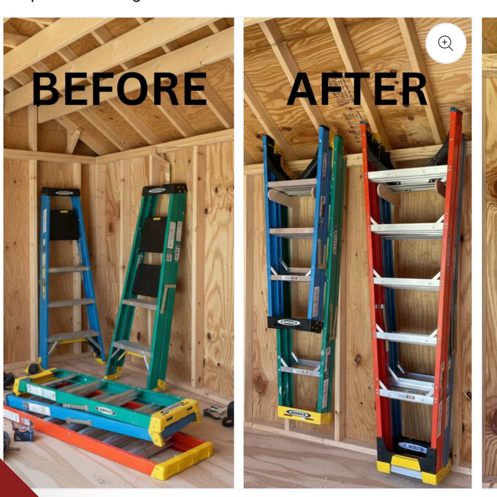 Shed with stepladders on the floor before and on the wall rack after