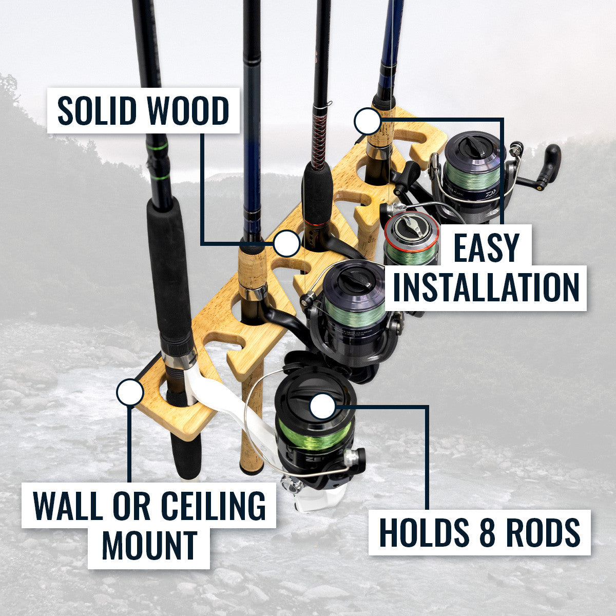 Stillwater rack features: solid wood, easy installation, wall or ceiling mount, holds 8 rods