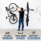 Swivel bike hook features: fits bikes of all styles, swivel design folds flat, heavy-duty steel