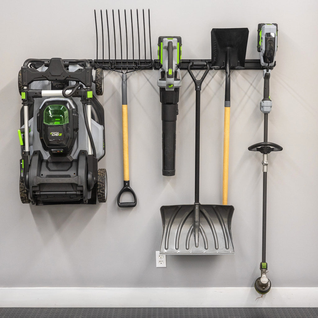 Lawn mower, rake, leaf blower, snow shovel and trimmer hung on the 64-inch organizer