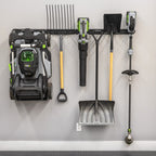 Lawn mower, rake, leaf blower, snow shovel and trimmer hung on the 64-inch organizer