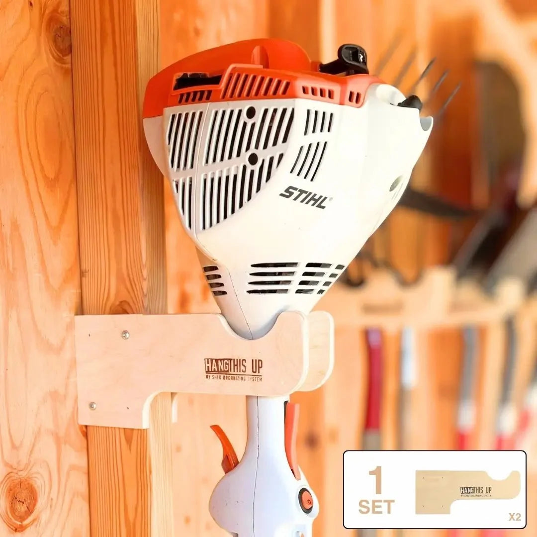 Wood hook holding a string trimmer