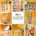 Collage of the ultimate shed kit holding tools, shelves, ladders and a hose