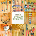 Collage of the ultimate shed kit holding tools, shelves, ladders and a hose