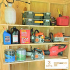 Shed shelves holding oil, paint, gas cans and tool cases