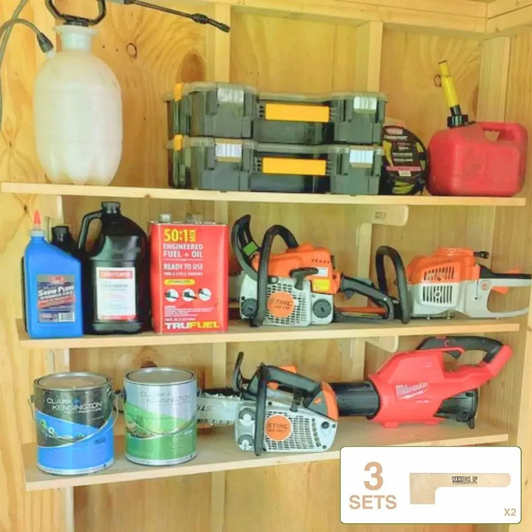 Shed shelves holding oil, paint, gas cans and tool cases
